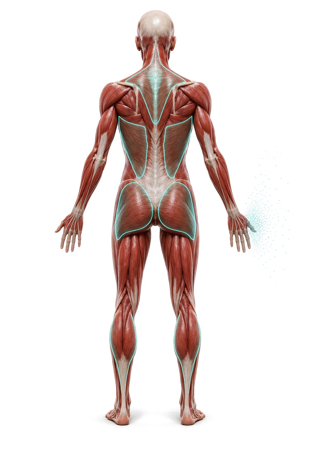 Écorché figure, posterior view: the same sexless body from behind — red muscle and white tendon, key muscles traced in thin teal outlines, the fingertips of the right hand dissolving into teal data points.